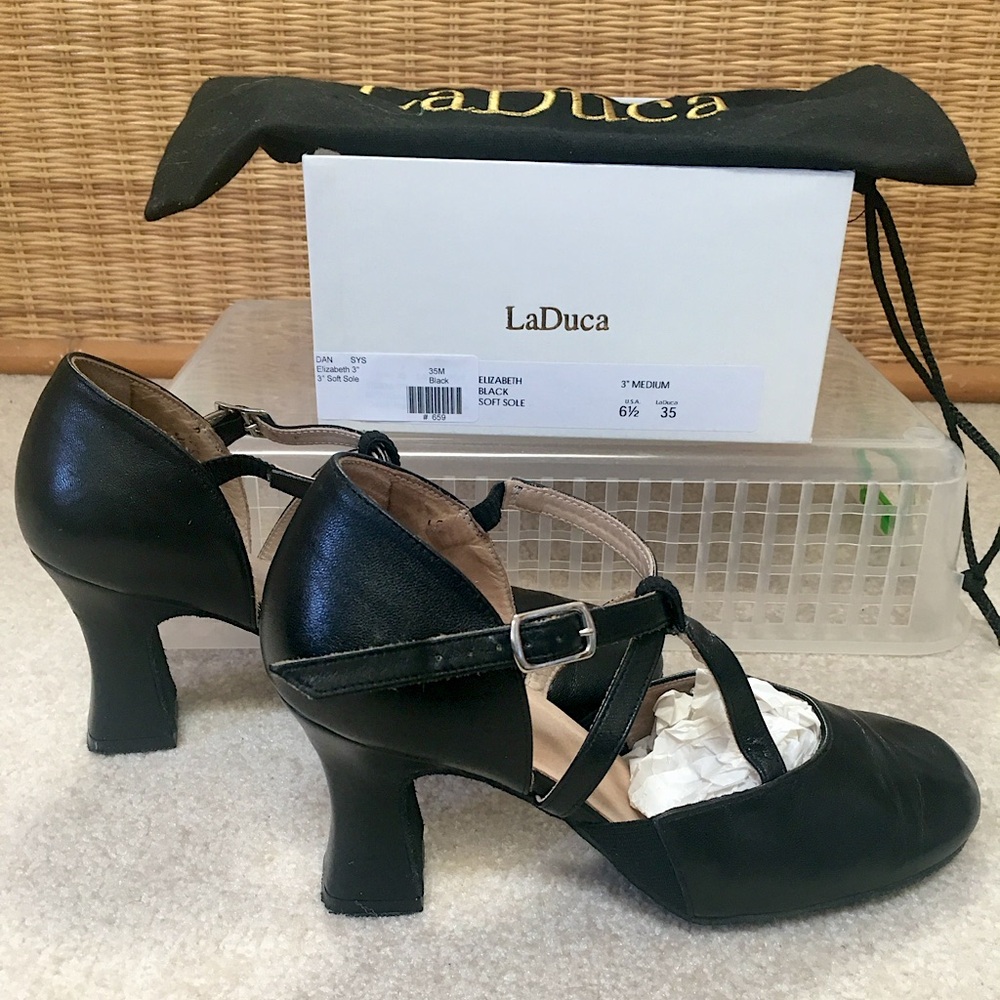 “Like New” LaDuca Dance Shoes Black, Elizabeth Strap, 3” heel, 6.5, suede bottom